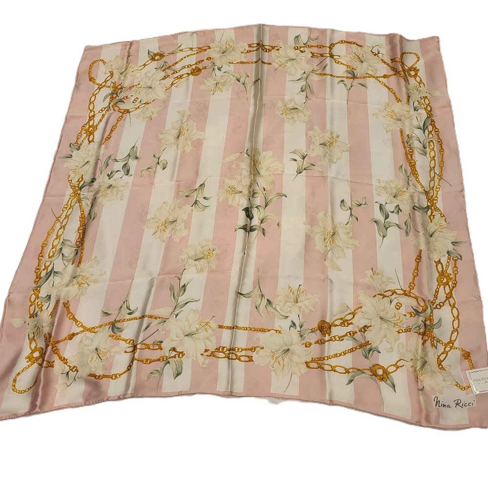 Vintage Nina Ricci Silk Scarf Large Pink Scarf with Flowers
